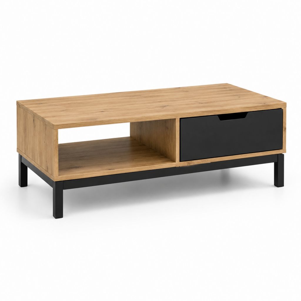 Table basse rectangulaire chêne et noir avec tiroir 100 x 60 x 45 cm