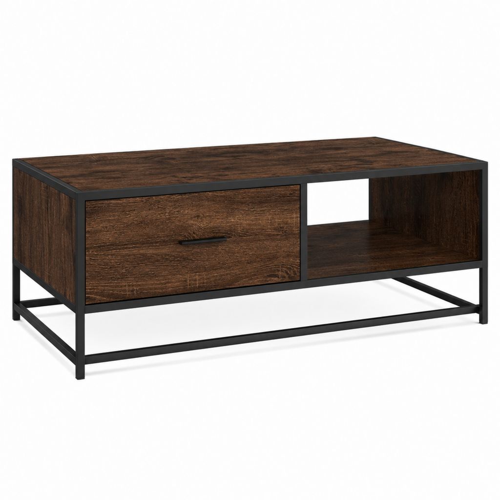 Table basse rectangulaire marron foncé et noir en panneaux de particules et acier 100 x 50 x 45 cm avec tiroir et niche
