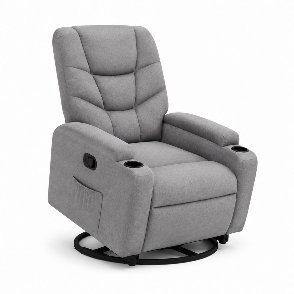 Fauteuil relax inclinable pivotant gris en polyester avec porte-gobelets 90 x 95 x 105 cm