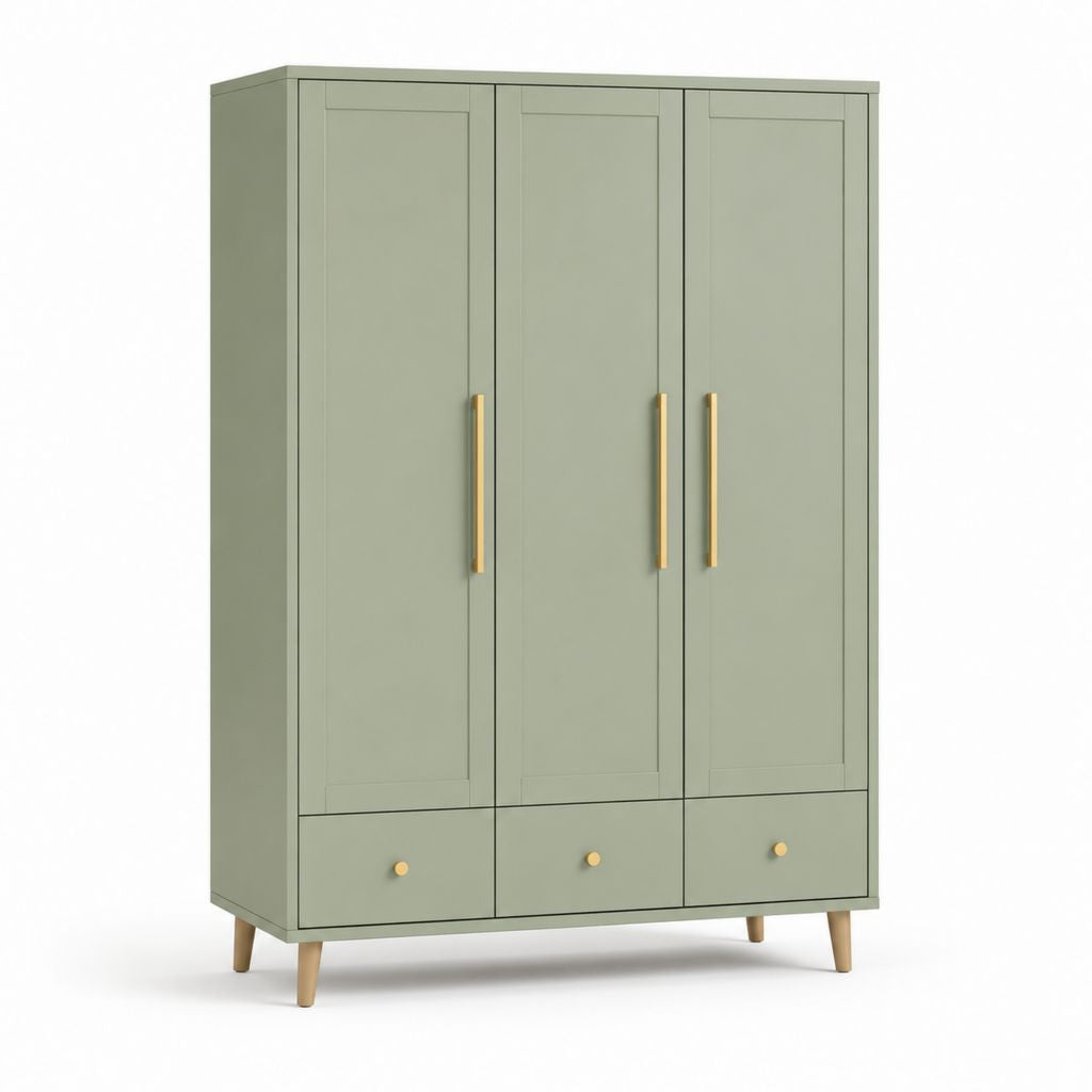 Armoire de chambre 3 portes vert sauge en panneaux MDF 120 x 52 x 190 cm avec 3 tiroirs