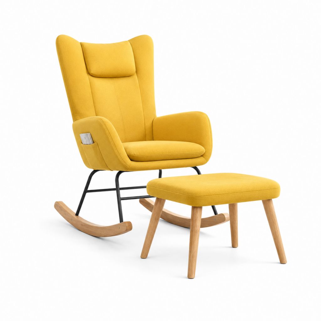Fauteuil à bascule avec repose-pieds jaune moutarde en polyester et acier 75 x 95 x 105 cm