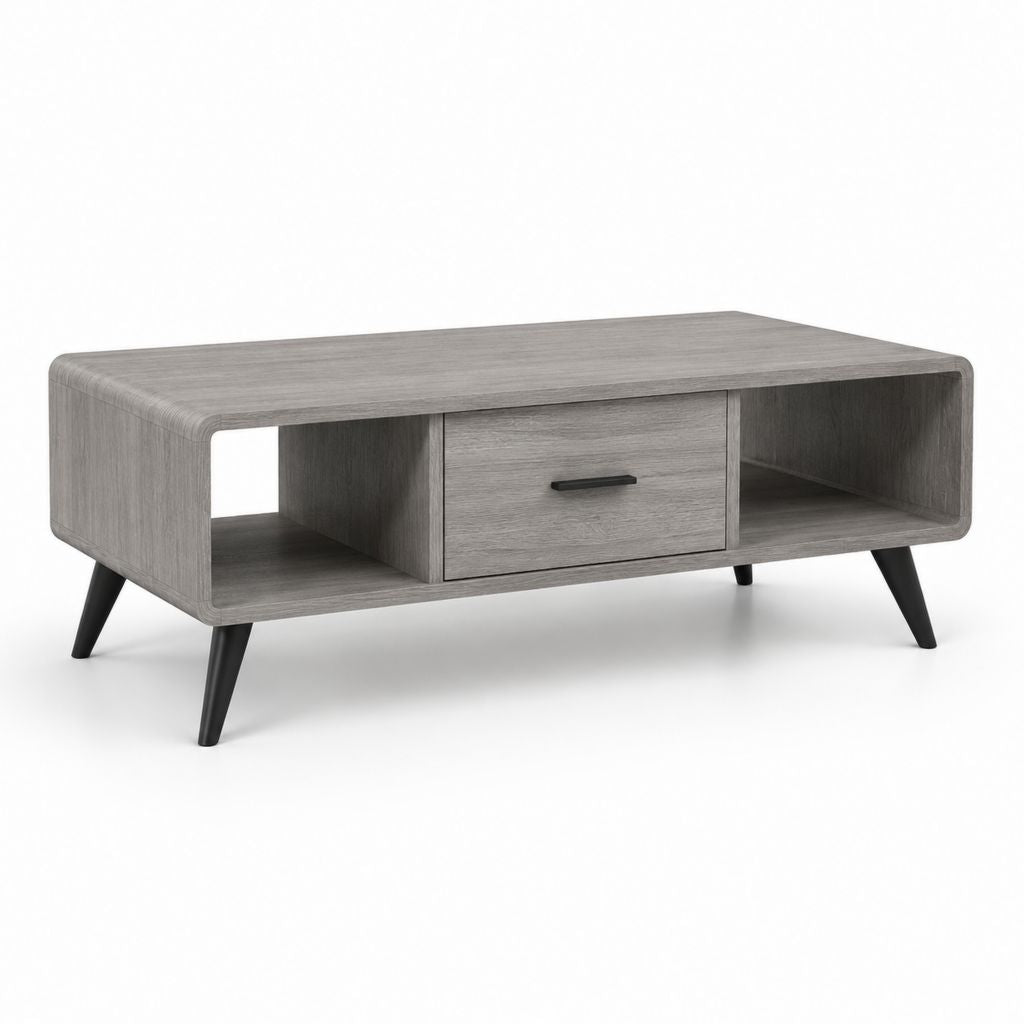 Table basse rectangulaire gris effet chêne avec tiroir et rangements 100 x 50 x 45 cm