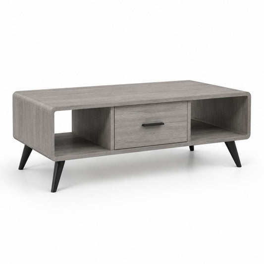 Table basse rectangulaire gris effet chêne avec tiroir et rangements 100 x 50 x 45 cm