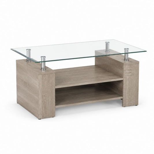 Table basse rectangulaire chêne clair et verre trempé 100 x 60 x 45 cm