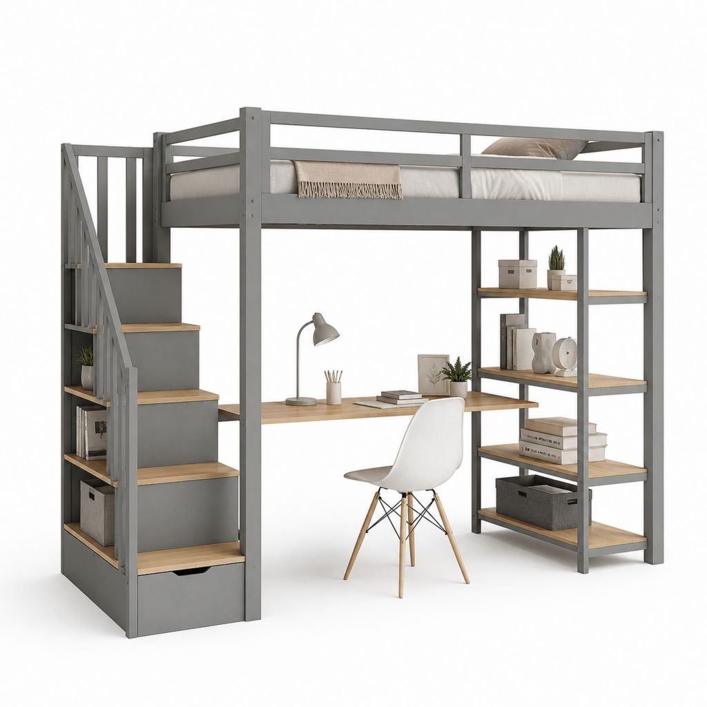 Lit mezzanine 90 x 190 cm gris en pin massif avec bureau escalier et étagères