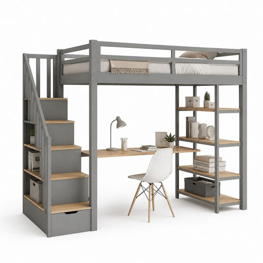 Lit mezzanine 90 x 190 cm gris en pin massif avec bureau escalier et étagères