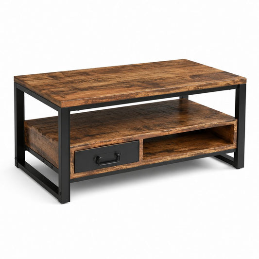 Table basse avec tiroir marron et noir en panneaux de particules et acier 100 x 55 x 45 cm