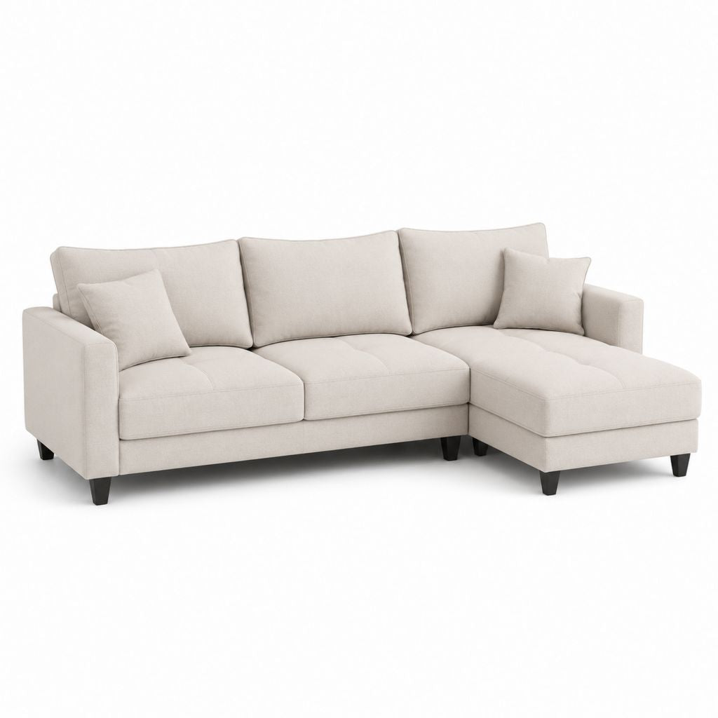 Canapé d'angle droit 3 places beige en polyester avec méridienne 230 x 150 x 85 cm