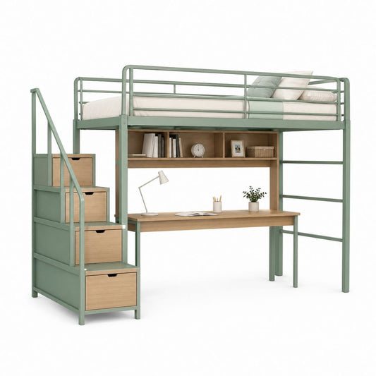 Lit mezzanine enfant vert et chêne en acier et panneaux de particules 90 x 190 cm avec bureau étagères et escalier à tiroirs