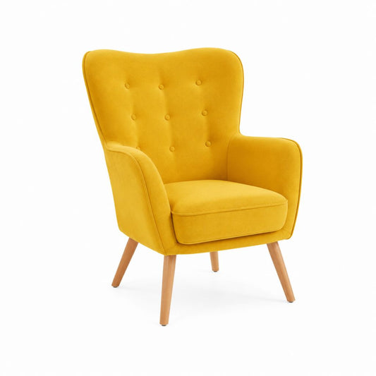 Fauteuil à oreilles jaune en velours de polyester avec pieds en bois massif 78 x 88 x 101 cm