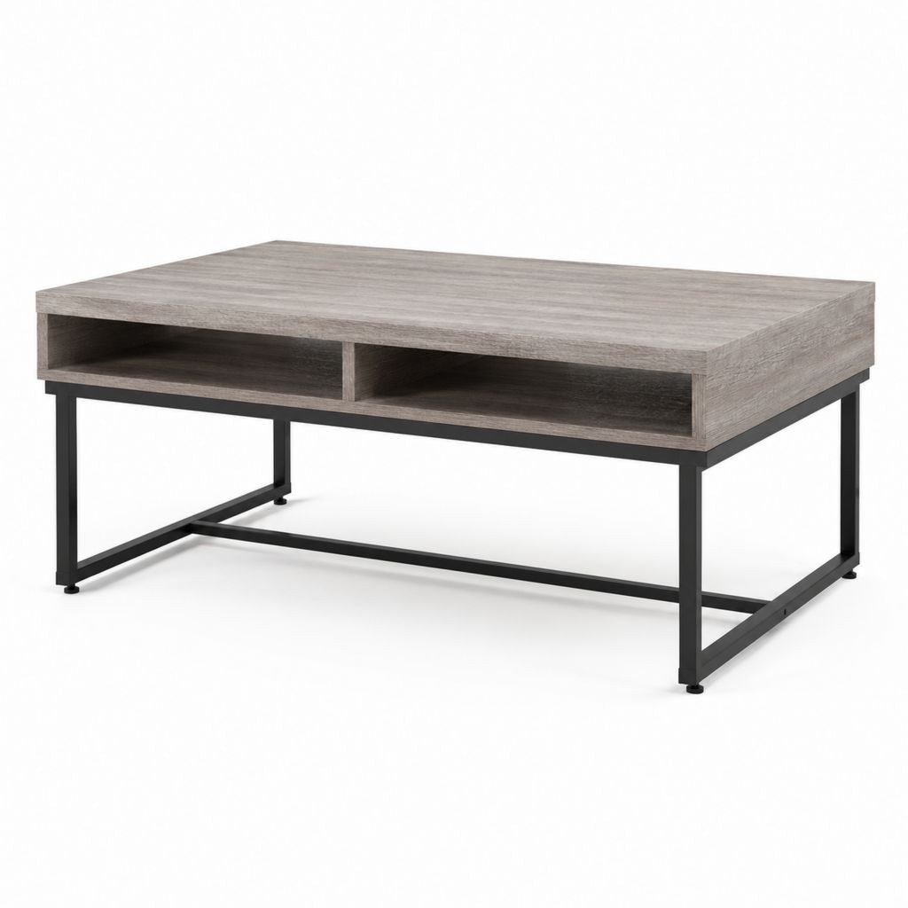 Table basse rectangulaire gris chêne en panneau de particules et acier 110 x 60 x 45 cm avec 2 niches de rangement
