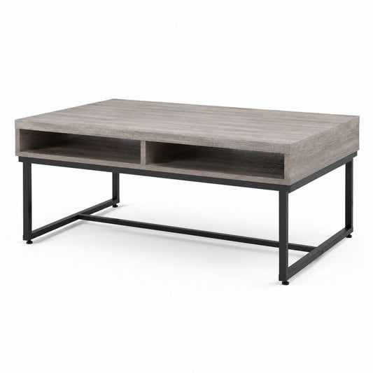 Table basse rectangulaire gris chêne en panneau de particules et acier 110 x 60 x 45 cm avec 2 niches de rangement