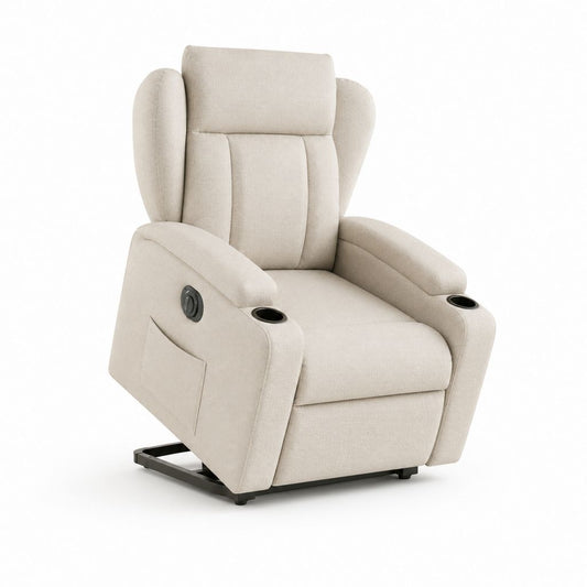 Fauteuil relax inclinable manuel beige en polyester avec porte-gobelets 90 x 95 x 105 cm