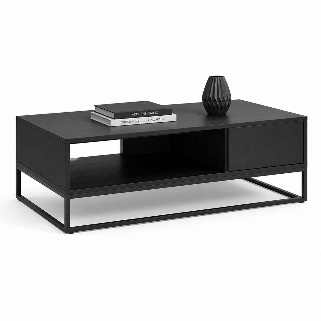 Table basse rectangulaire noire en panneaux MDF et acier avec tiroir 100 x 60 x 40 cm
