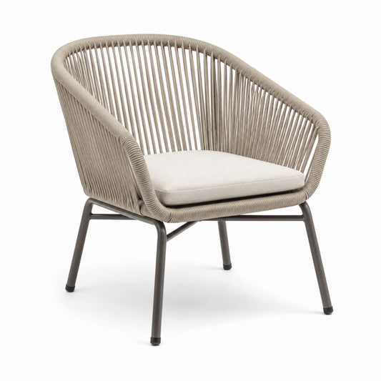 Fauteuil de jardin beige en corde polypropylène avec coussin et structure en acier 73 x 76 x 78 cm