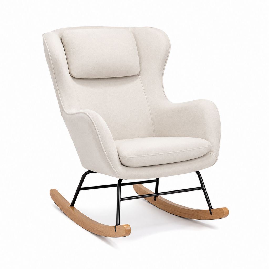Fauteuil à bascule à oreilles beige en polyester avec piètement acier et patins en hêtre 70 x 92 x 101 cm